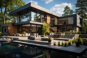 Obraz premium Project of a modern house with outdoor pool in the private sector in Europe. The cubic facades of the cottage with panoramic windows are lined with wooden panels and white plaster.