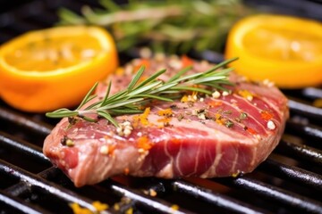 macro of fillet with orange zest and rosemary garnish