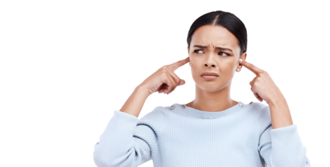 Annoyed, woman and finger in ears for noise, loud and denial gesture isolated on a transparent PNG background. Frustrated Female person, face or angry girl with complaint, ignoring or deaf and wtf