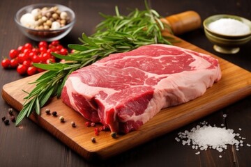 Fototapeta premium ribeye steak raw with fresh herbs and spices