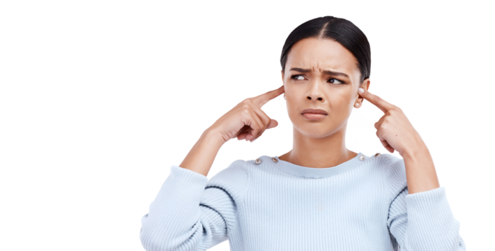Annoyed, woman and finger in ears for noise, loud and denial gesture isolated on a transparent PNG background. Frustrated Female person, face or angry girl with complaint, ignoring or deaf and wtf