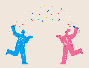 Man and Woman blow up cracker. Celebrate party. Colorful vector illustration