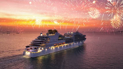 Fototapeten Valentine’s Day CRUISE with Fireworks. Stern of Cruise Ship and golden shining fireworks, Cruise Liners beautiful white cruise ship above luxury Passenger Ship in the ocean sea at sunset. Happy time. © Yellow Boat