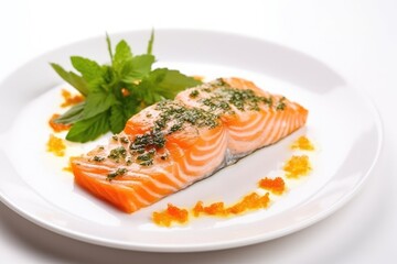 salmon steak garnished with herbs on a white plate