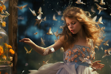 state of mind, close-up of a girl in an elegant dress dancing in a fairy-tale setting