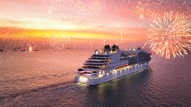 Valentine’s Day CRUISE with Fireworks. Stern of Cruise Ship and golden shining fireworks, Cruise Liners beautiful white cruise ship above luxury Passenger Ship in the ocean sea at sunset. Happy time.