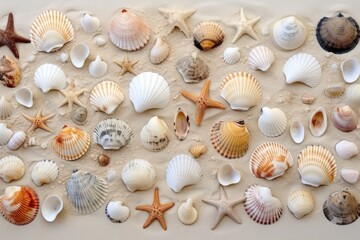 collection of seashells spread over a sandy surface