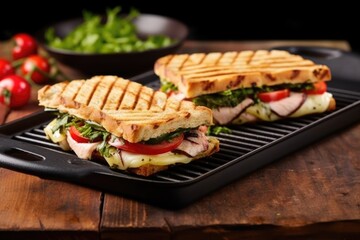 grilled brick-pressed deli sandwich on a grill pan