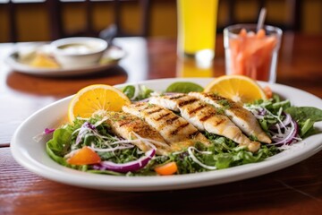 fish served over a salad, drizzled with a citrus glaze