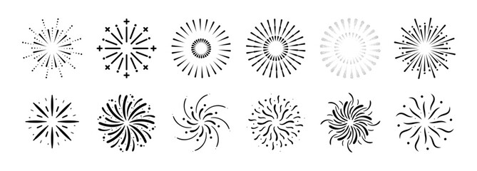 Set of new year firework vector illustration. Collection of black starburst, sunlight on white background. Art design suitable for decoration, print, poster, banner, wallpaper, card, cover, icon. - obrazy, fototapety, plakaty