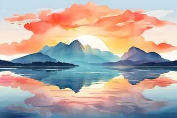 Fototapeta premium sunset on the lake watercolor illustration 