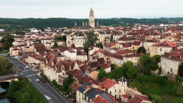 slow dolly over the city of Périgueux, with the Roman Catholic cathedral of Saint-Front. Dordogne, France