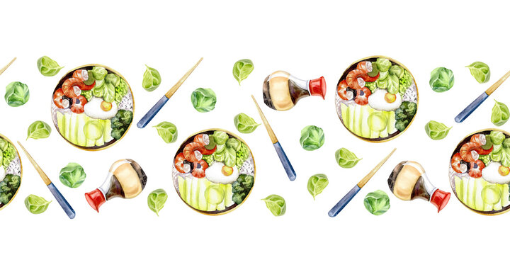 Watercolor asian food seamless border. Hand drawn food illustration with korean poke, chopsticks, spinach, brussel's cabbage and soy sauce in bottle. Tai cuisine composition for menu, redtaurant, logo