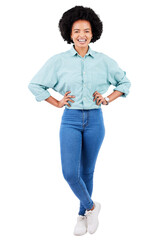 Fashion, happy and portrait of a black woman with stylish clothes isolated on a transparent png...
