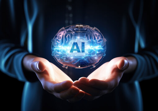 Conceptual image of a hand holding an energy ball generated by artificial intelligence. AI generative.