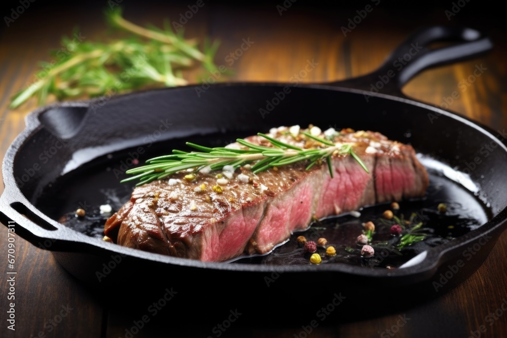 Sticker beef steak with charred edges on a cast-iron pan