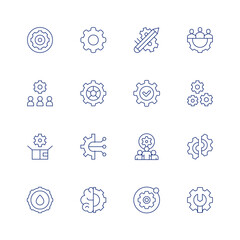 Gear line icon set on transparent background with editable stroke. Containing gear, onboarding, design thinking, cog, setting, settings, brain, work in progress, easy installation, team, group, gears.