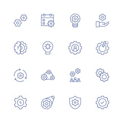 Gear line icon set on transparent background with editable stroke. Containing gears, mind, recovery, gear, calendar, idea, user, development, security, disruption, check.
