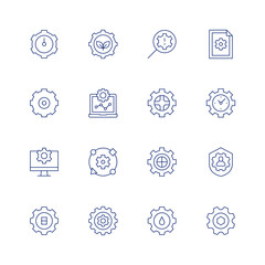 Gear line icon set on transparent background with editable stroke. Containing gear, optimization, server, leaf, identify, laptop, cogwheel, adaptation, settings, privacy, engineering, clock.
