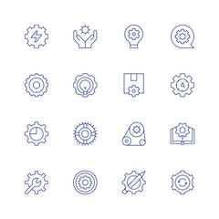 Gear line icon set on transparent background with editable stroke. Containing electric gear, gear, light bulb, pie chart, cogwheel, settings, order fulfillment, mechanism, creative process, options.