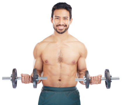Portrait, exercise and dumbbells with a bodybuilder man isolated on a transparent background for health or wellness. Fitness, weight or muscle with a happy male athlete on PNG for a training workout