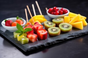 assortment of fruit skewers on a slate plate