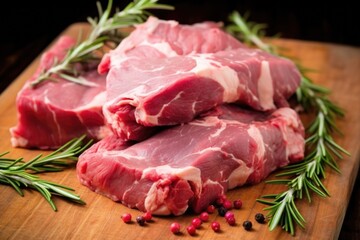 close-up of fresh rosemary leaves on a raw lamb roast