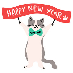Cute cat holding happy new year sign flat illustration