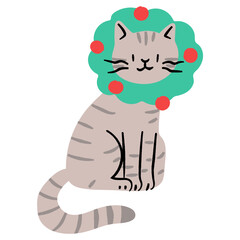 Cute cat with christmas wreath flat illustration