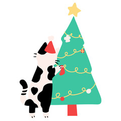 Cute cat with christmas tree flat illustration