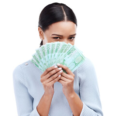 Portrait, finance and winner with woman and money on png for prize, success or investment. Wow, dollar and bonus with person and cash isolated on transparent background for savings, profit or lottery