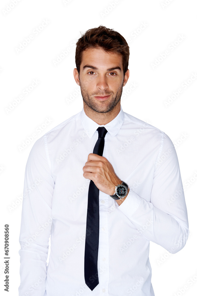 Aufkleber portrait, fashion and tie with a man model isolated on a transparent background for classy event sty