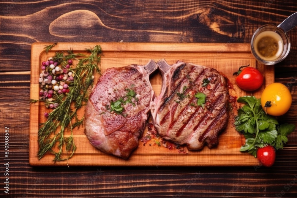 Poster aerial view of grilled veal chops on a wooden board