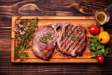 aerial view of grilled veal chops on a wooden board