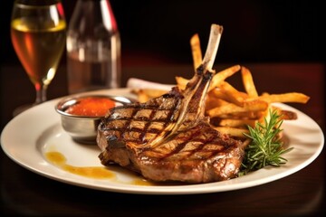 grilled veal chops and thick fries served on a glass plate