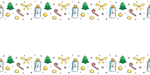 Vector background, frame, border of Christmas trees, singing angels, candy canes, stars in doodle flat style. Horizontal top and bottom edging, decoration on theme New Year and xmas.