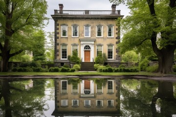 five-bay georgian stone facade reflected in a pond