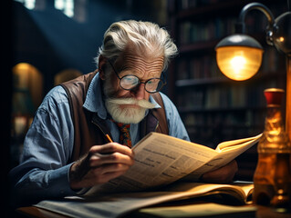 an elderly man with glasses sitting in the study room of his house reading the newspaper - Powered by Adobe