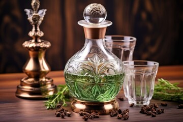 Obraz na płótnie Canvas botanical-infused gin in classy crystal decanter