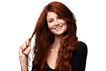 Portrait, ginger or woman smile with healthy long hair, grooming care or soft glow, growth or clean salon haircut. Face, strong locks or happy person hairstyle isolated on transparent, png background