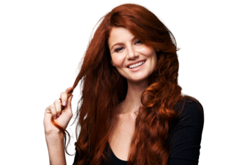 Portrait, ginger or woman smile with healthy long hair, grooming care or soft glow, growth or clean salon haircut. Face, strong locks or happy person hairstyle isolated on transparent, png background