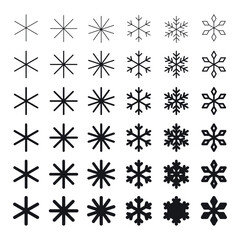 A set of simple snowflakes in different variations. Flat icons of snowflakes isolated on white background.
