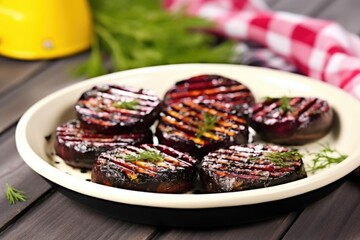 grilled beetroot with grill marks on a ceramic dish