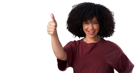 Portrait, smile and woman with thumbs up for success isolated on a transparent png background....