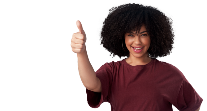 Portrait, smile and woman with thumbs up for success isolated on a transparent png background. Face, like hand gesture and African model with emoji for agreement, vote or feedback, review or winner.