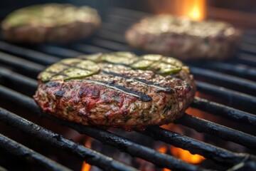 close-up of a grilled veggie burger with grill marks and smoke