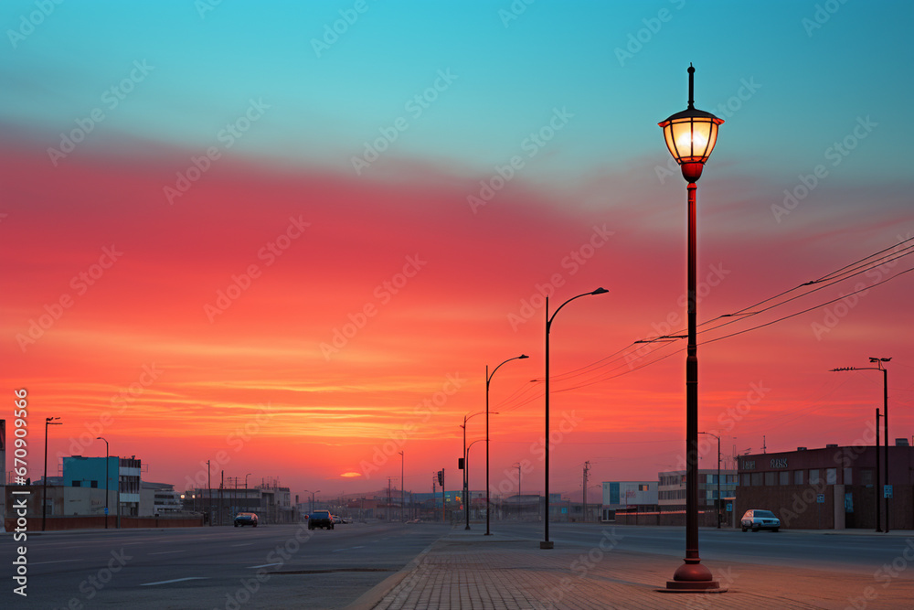 Aufkleber a captivating photograph of a light pole standing tall against the backdrop of a vivid sunset.