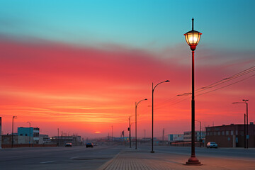 A captivating photograph of a light pole standing tall against the backdrop of a vivid sunset.  