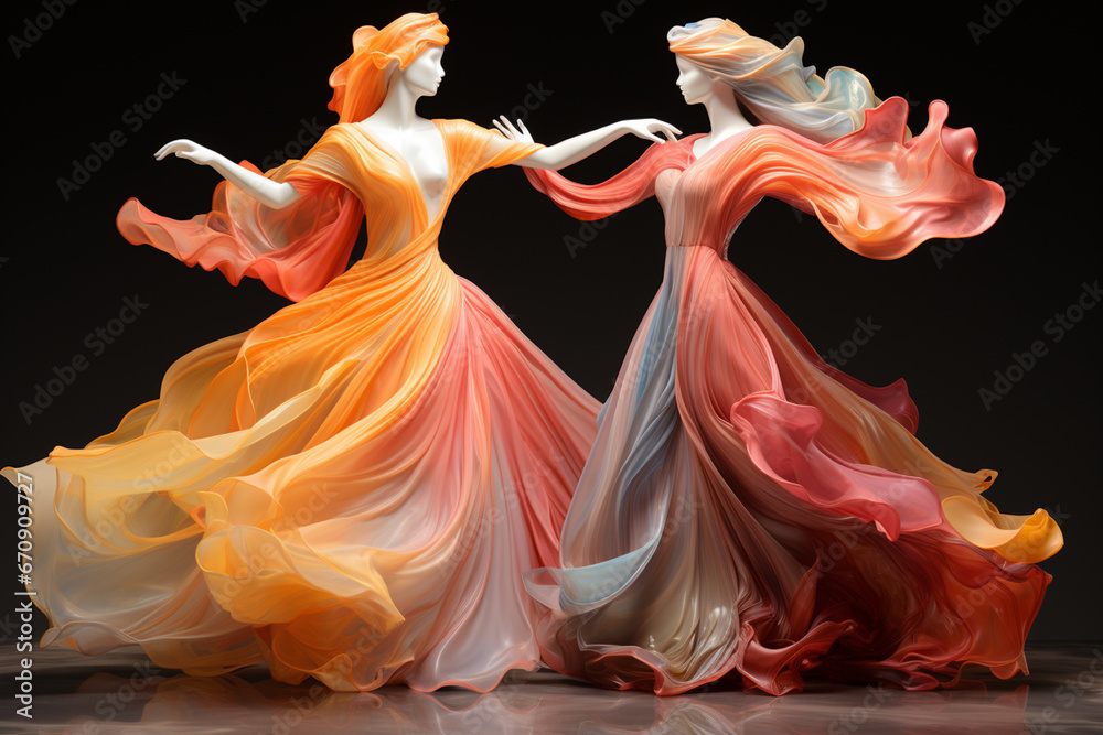 Poster an abstract sculpture of ballerinas created with wire or other unconventional materials, emphasizing