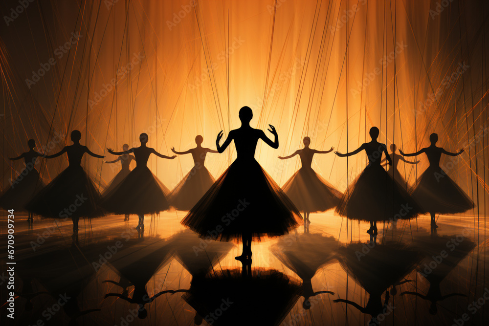 Poster an image that combines geometric patterns and lines to form the silhouettes of ballerinas in various